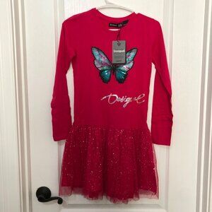 Desigual Girl Long Sleeve Pink Dress Sequin Tulle Skirt Butterfly Applique 11/12